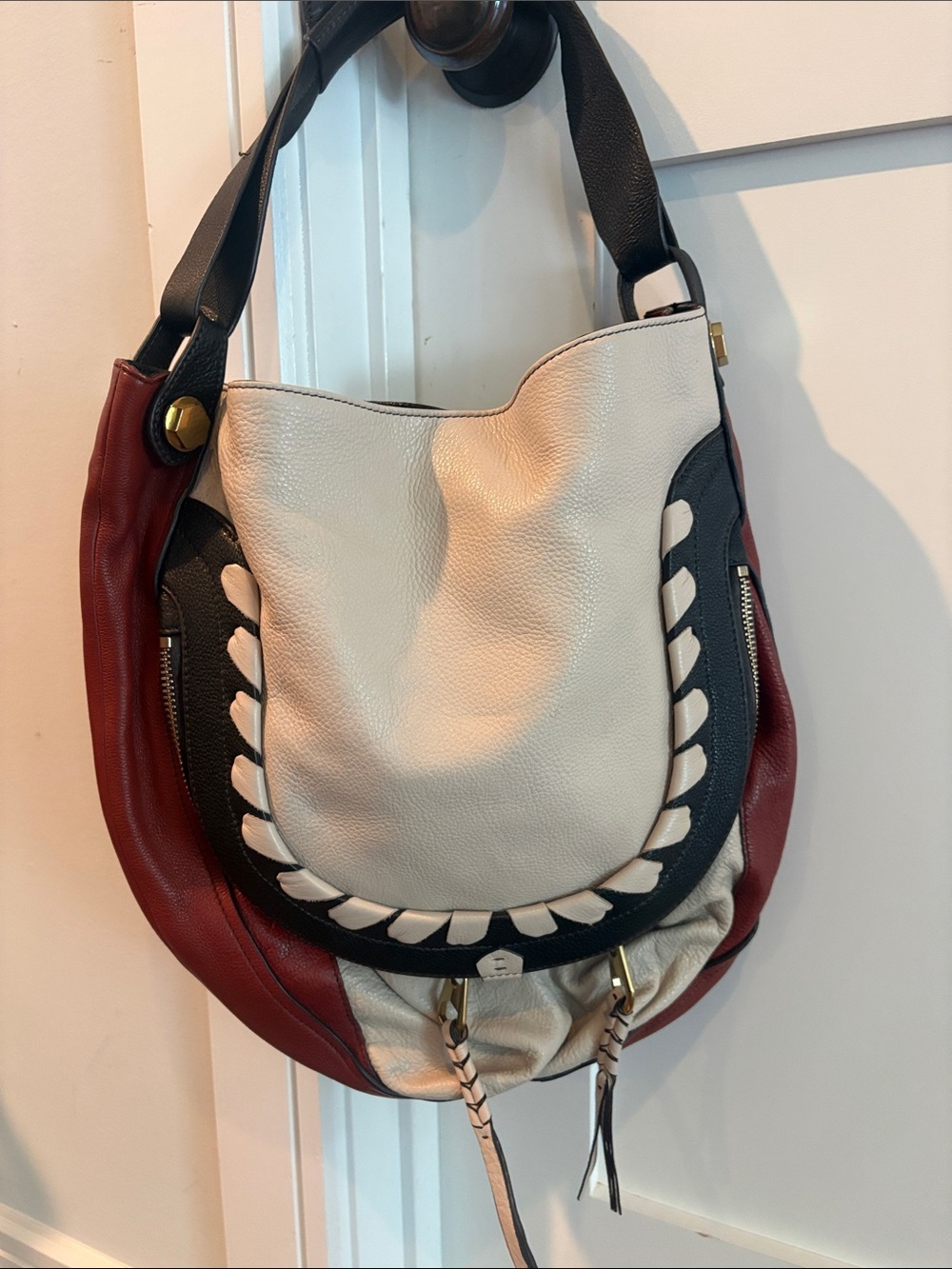 Oryany Women’s Colorblock Pebble Leather Hobo Bag Cream, Black & Burgundy